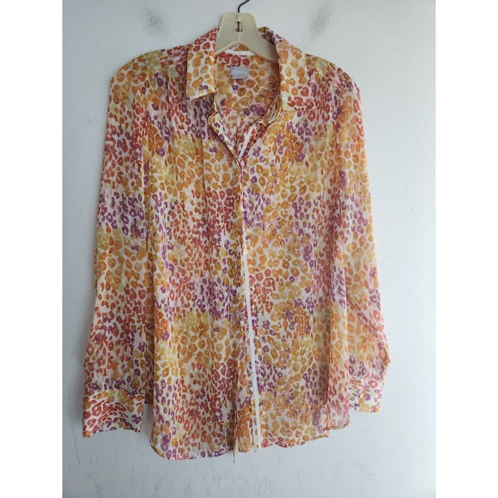 Chico's Orange w/Brown Red Animal Print Semi Sheer Button Up Blouse size 1/Med